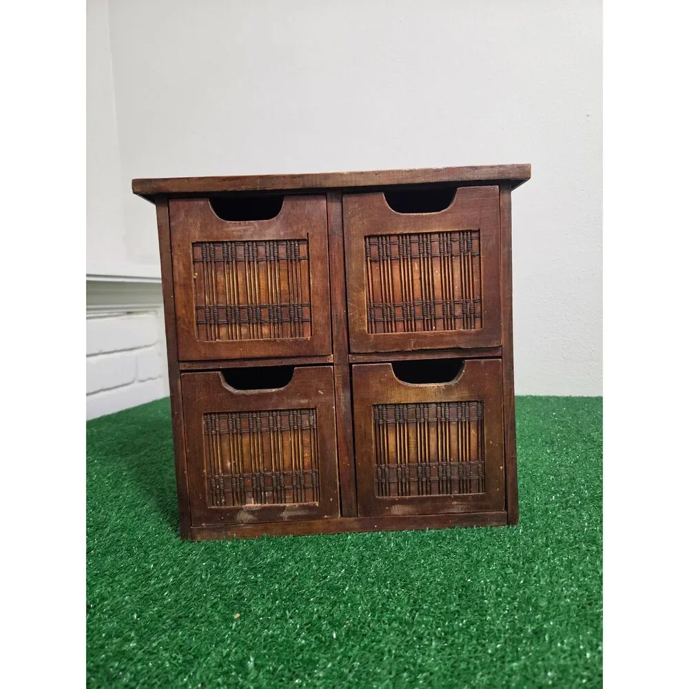 Vintage Wooden Desktop Organizer 4-Drawer Cabinet with Woven Bamboo & Rattan Pa